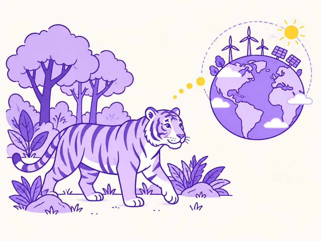 A tiger in a forest connected by a dotted line to a small planet with wind turbines and solar panels