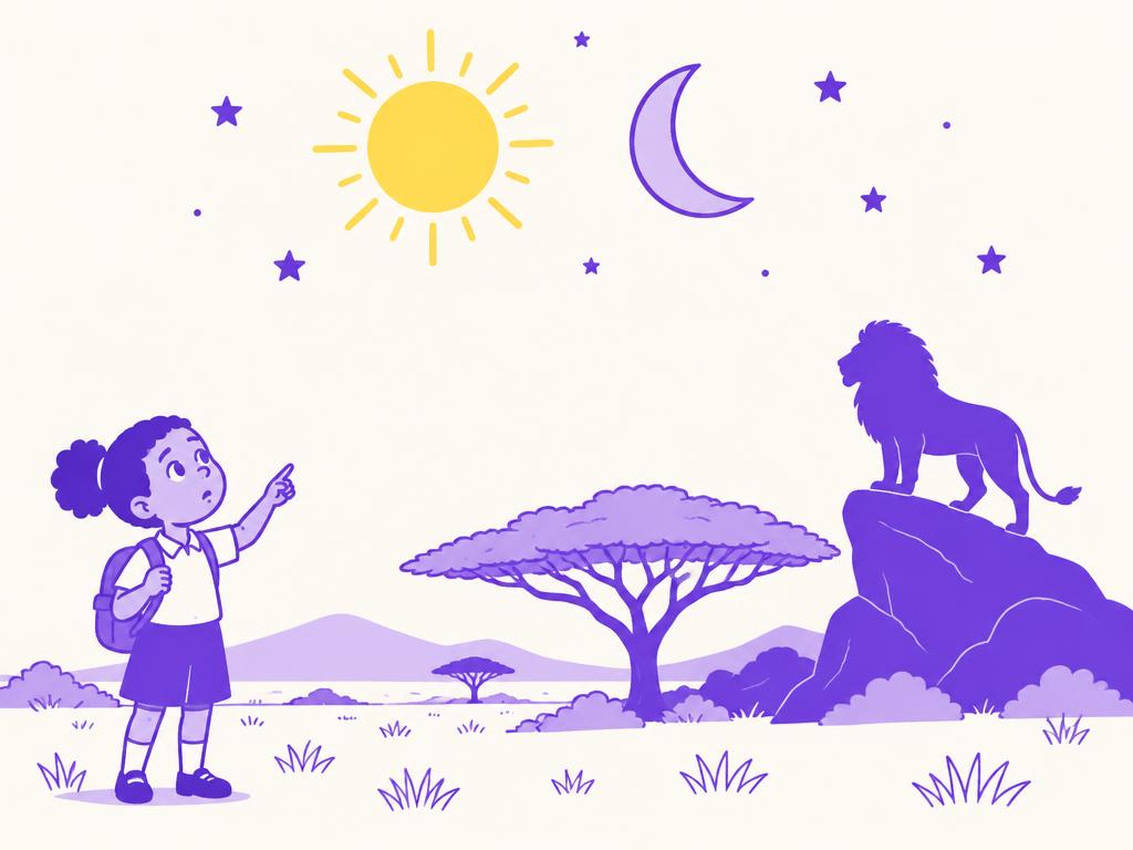 A lion on a savannah rock under a sky where a crescent moon appears beside the sun