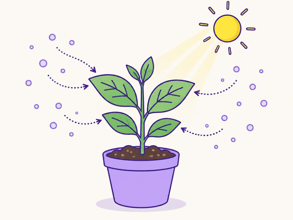 A potted plant with dotted arrows showing air flowing into its leaves