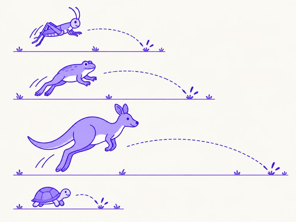 A grasshopper, a frog and a kangaroo leaping with dotted arcs showing how far they jump